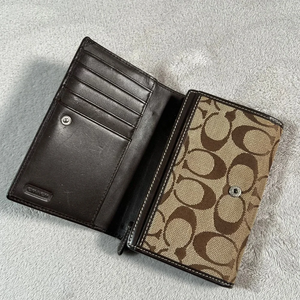 Coach Signature Jacquard Medium Wallet Brown Leather Trim Zip Pocket 5.5x4